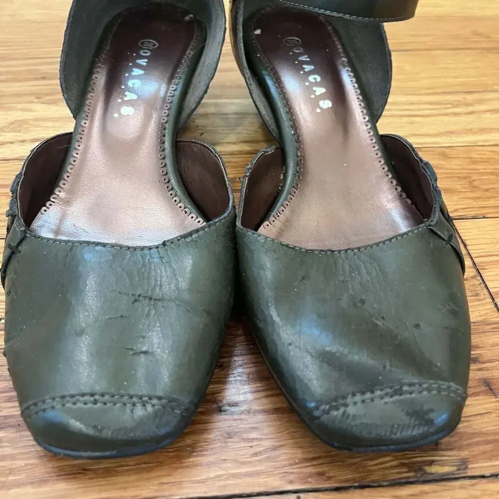 Novacas Vegan Olive Green Low Wedge Ankle Strap Mary Jane Shoes